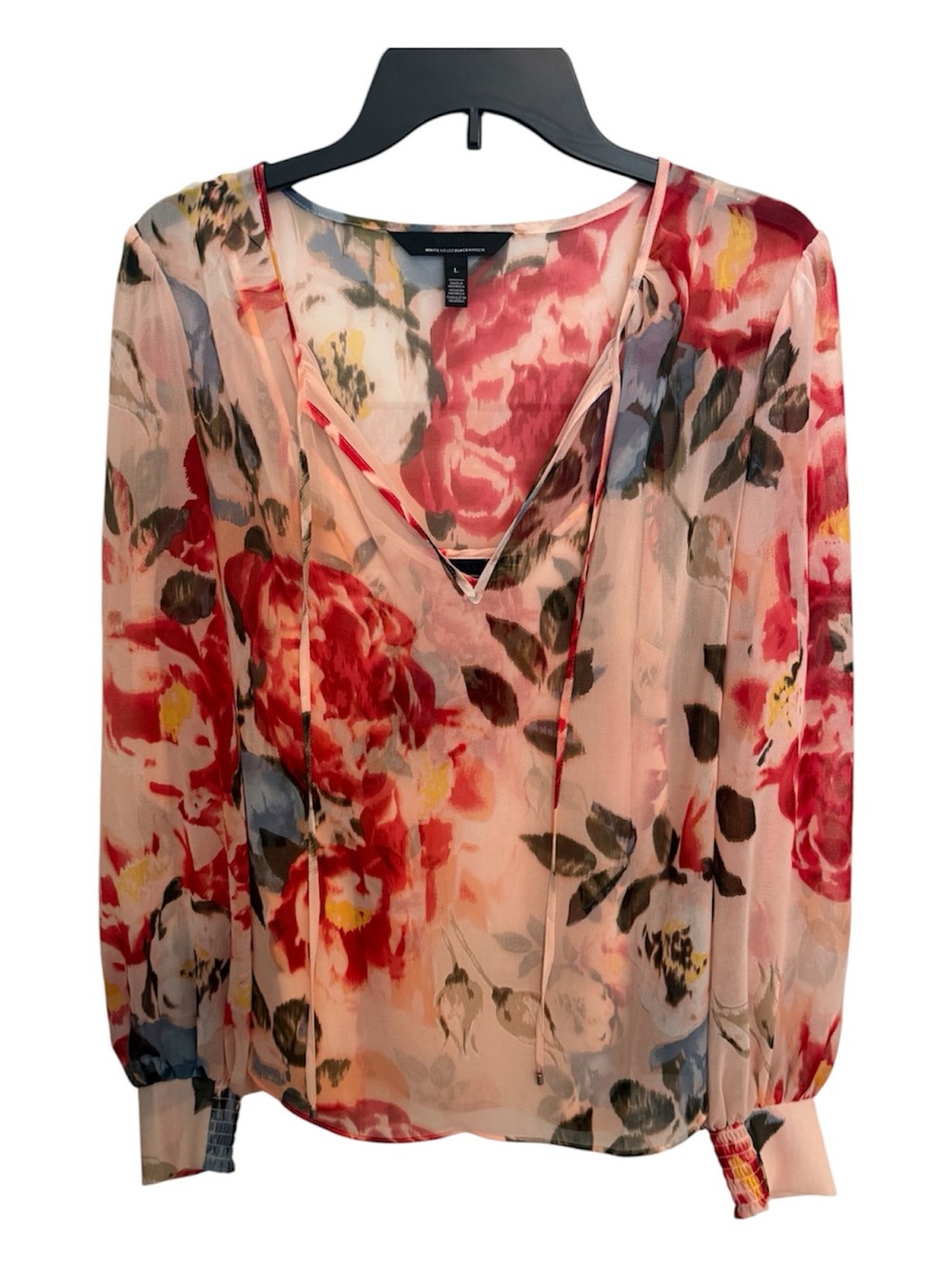 White House Black Market Floral V-Neck Tie Blouse - Pink